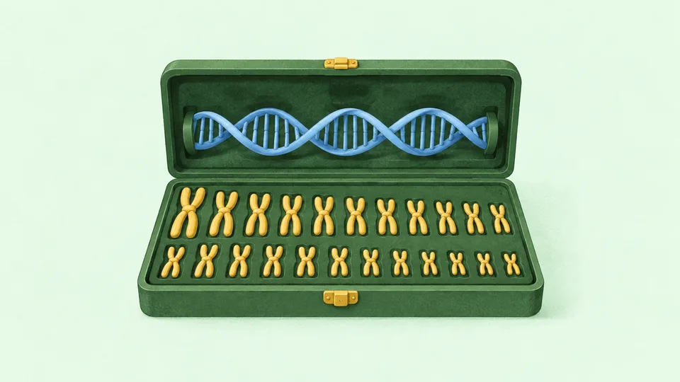 Grøn kasse med blåt DNA og orange kromosomer i to lag.