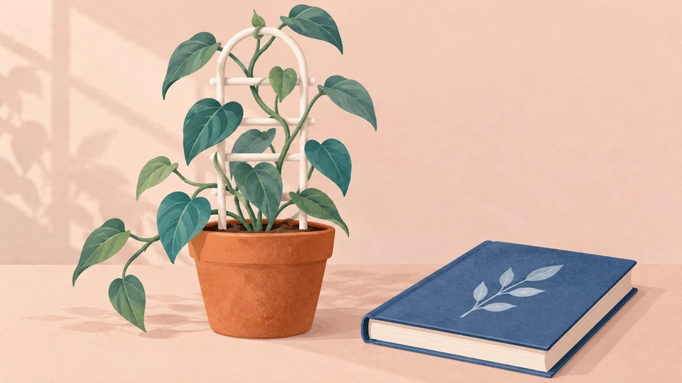 En grøn plante med hjerteformede blade i en terrakotta potte ved siden af en blå bog.