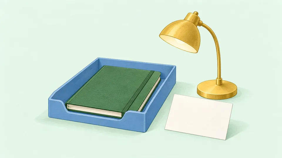 En blå skuffe med en grøn notesbog, en gul lampe og et hvidt papir.