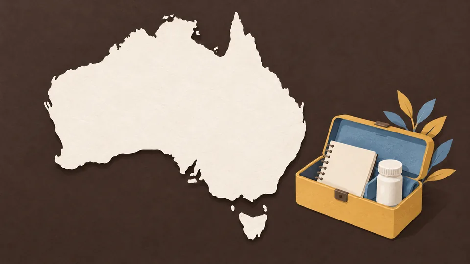 Australiens kort, en gul kuffert med notesbog, pilleflaske og blade.