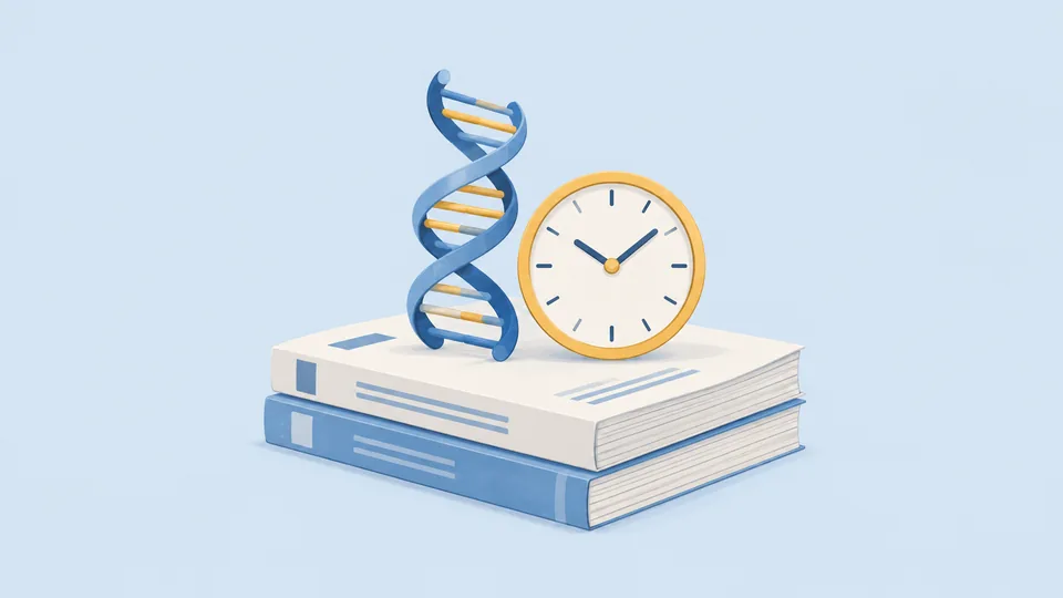 En blå DNA-streng og et gult ur står på to blå og hvide bøger.