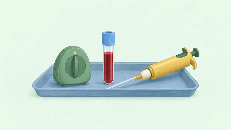 En grøn pipette, et rør med rød væske og en gul sprøjte ligger på en blå bakke.