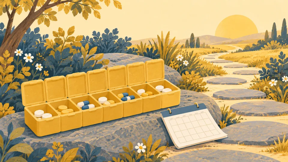 Gul pilleboks med piller og en kalender ligger på sten ved en solopgang.