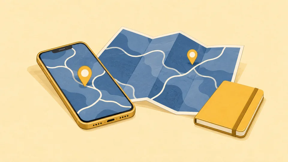 En smartphone, et foldet kort og en gul notesbog med orange markør på kortet.