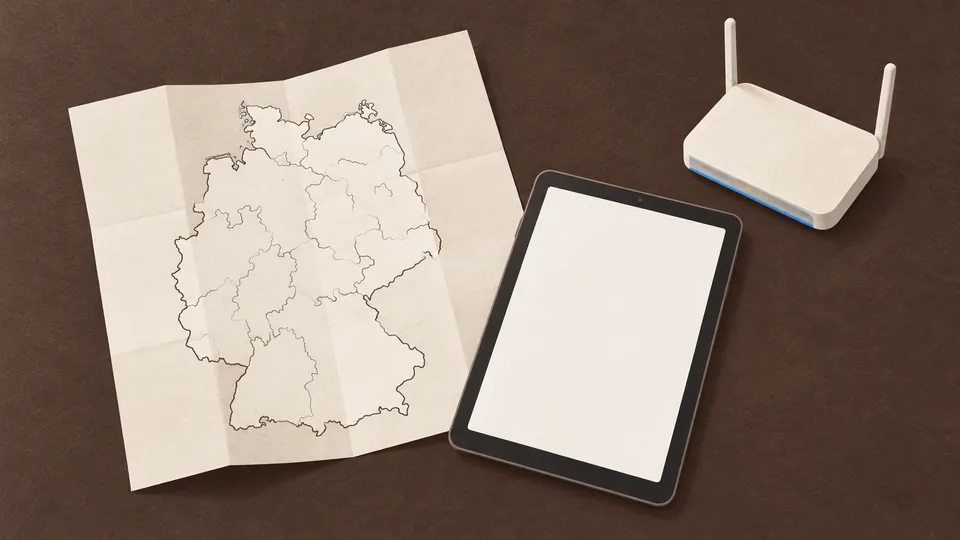Et åbent kort over Tyskland, en tablet og en hvid router på mørk baggrund.