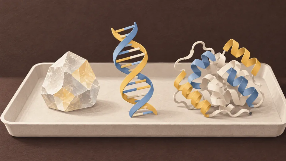 En krystal, en DNA-dobbeltspiral og et protein på en lys bakke.