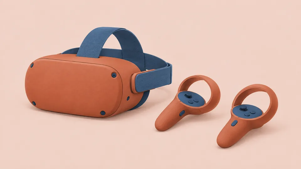 Orange VR-headset med blå rem og to orange håndkontrollere på lyserød baggrund.