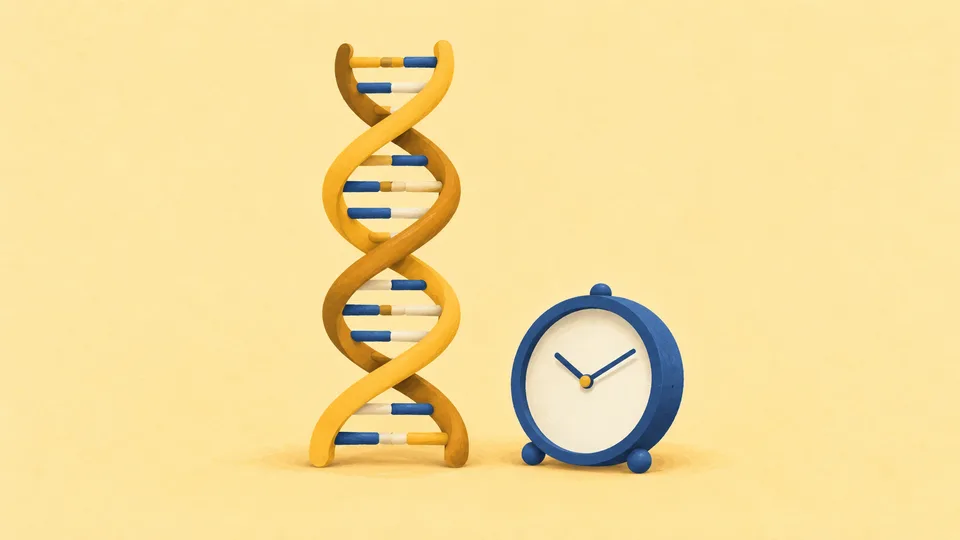 En gul DNA-streng og et blåt vækkeur på lysegul baggrund.
