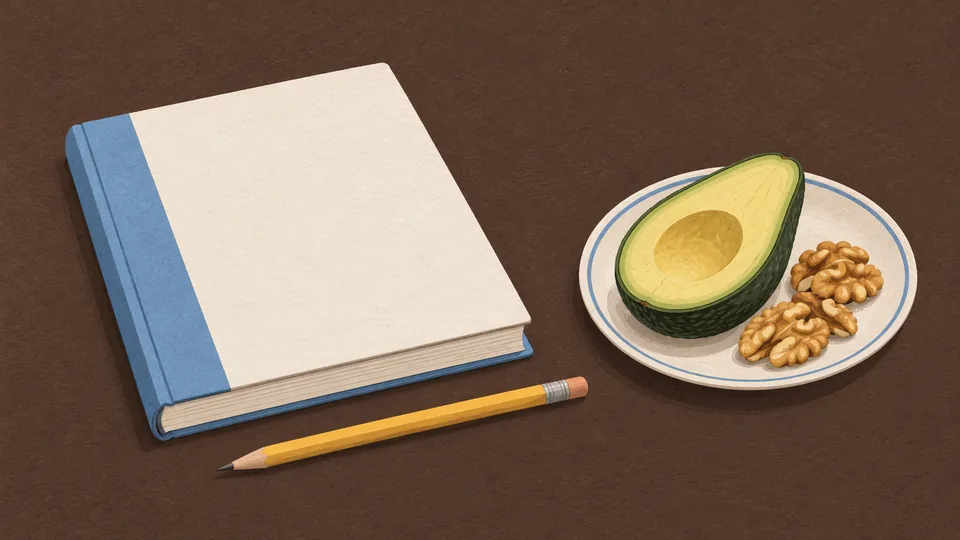 En blå bog, en blyant og en tallerken med avocado og valnødder på brun baggrund.