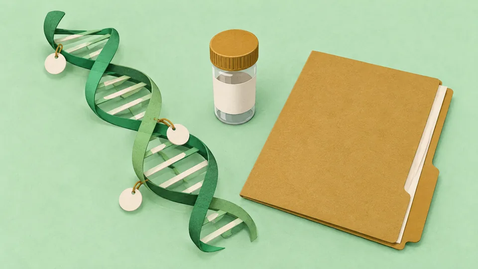 Grøn DNA-model med hvide mærker, glas med trælåg og brun mappe på lysegrøn baggrund.
