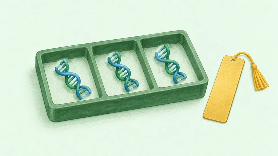 En grøn bakke med tre blå-grønne DNA-spiraler og en gylden bogmærke med tassel.