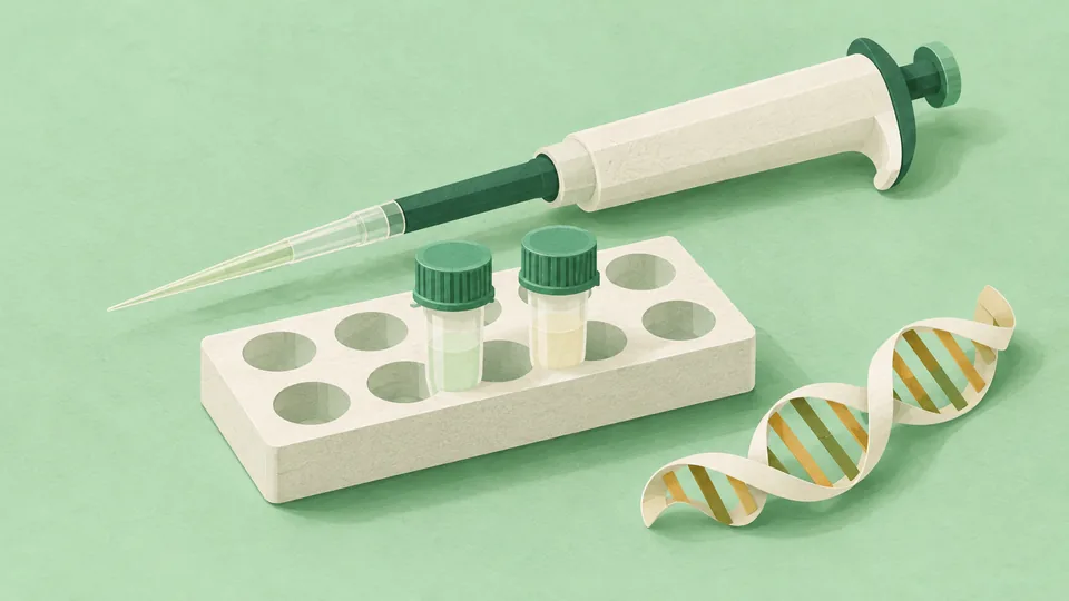 En pipette, to reagensglas og en DNA-streng ligger på en hvid holder på lysegrøn baggrund.