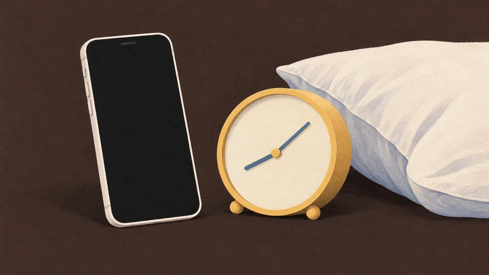Hvid smartphone, gul vækkeur og hvid pude på mørk baggrund.