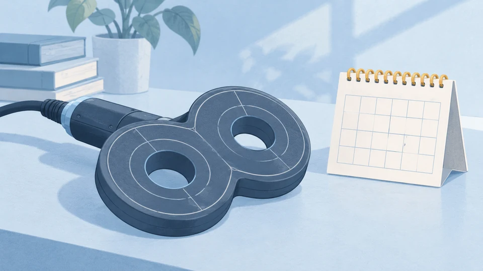 En sort håndholdt enhed med to ringe ligger på et hvidt bord ved en kalender og bøger.
