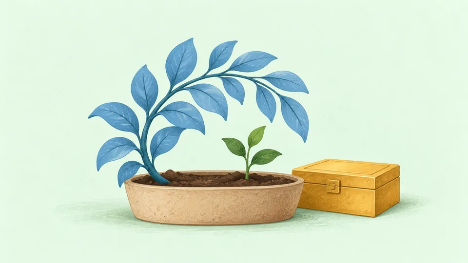 En blå plante og en lille grøn spire i en brun potte ved siden af en gul kasse.