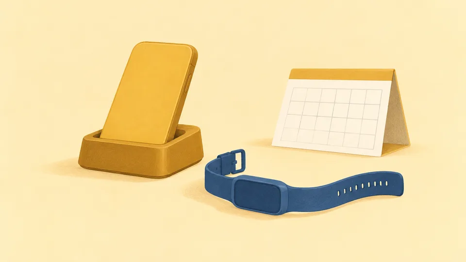 En gul telefonholder, en blå smartwatch og en kalender på gul baggrund.