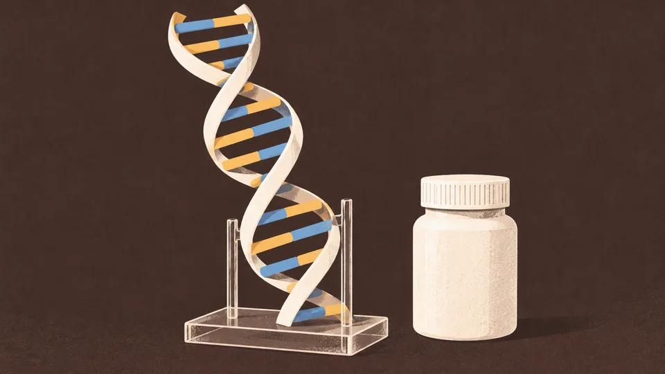 En DNA-model med blå og orange striber står på en gennemsigtig sokkel ved siden af en hvid pilleflaske.