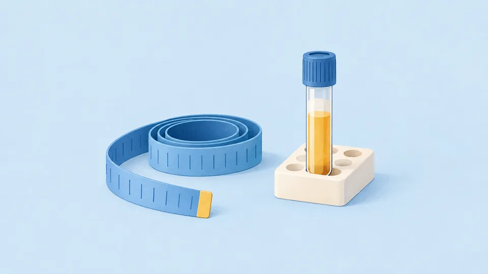 Et blåt målebånd og et reagensglas med gul væske i en hvid holder.