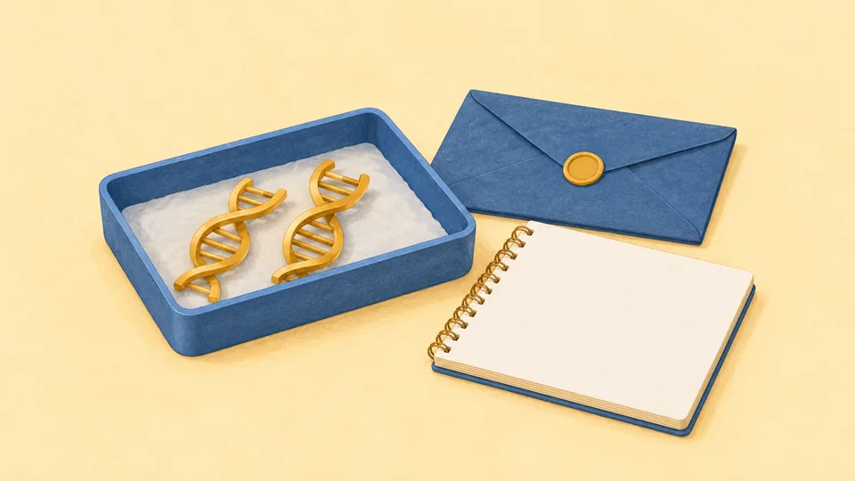 To gyldne DNA-strenge ligger i en blå kasse ved siden af en blå konvolut og en notesbog.