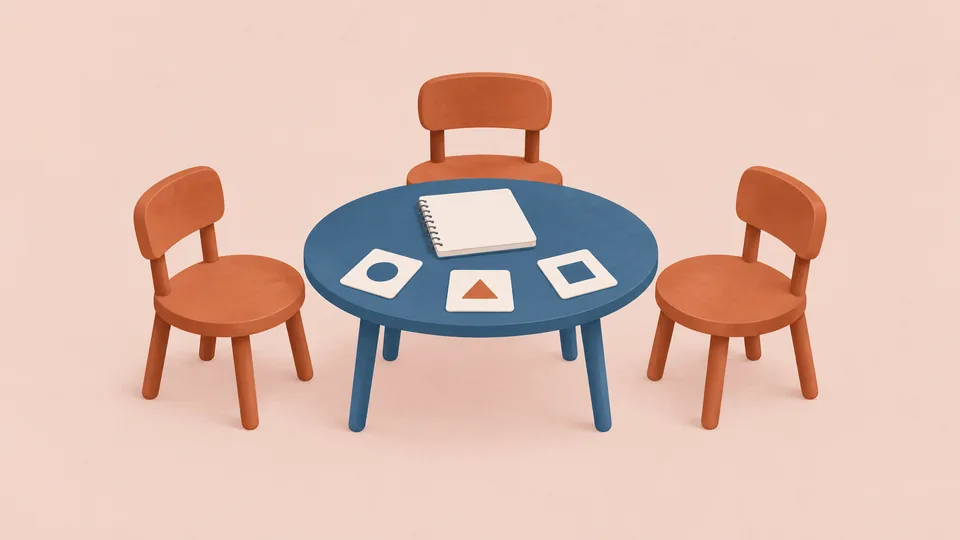 Et blåt bord med tre orange stole og geometriske former samt en notesbog.