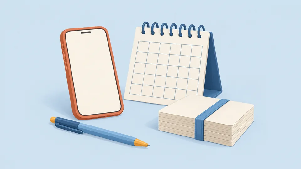En smartphone, en kalender, en kuglepen og en notesblok på blå baggrund.