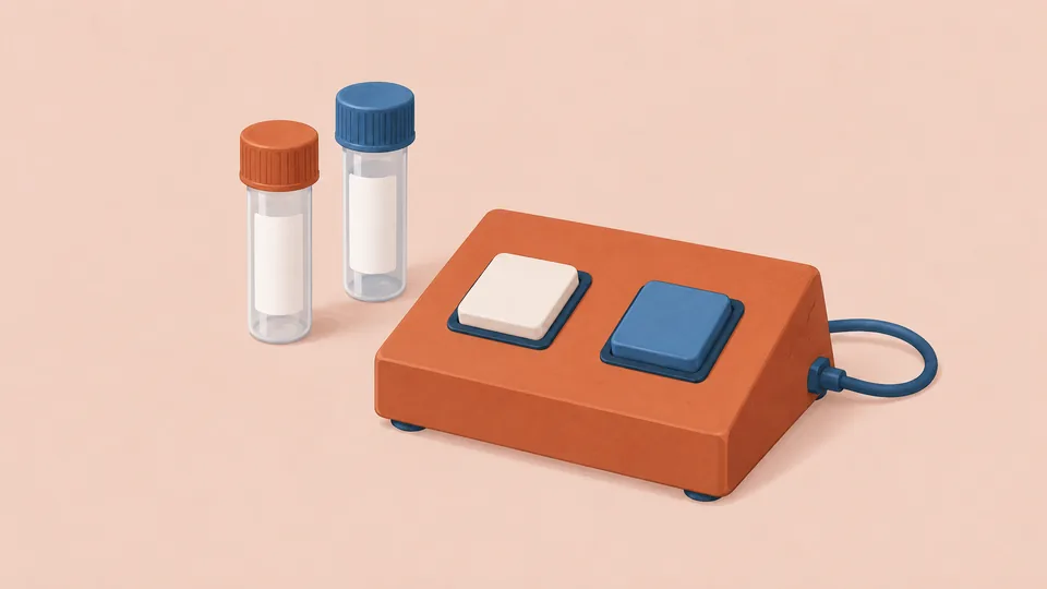 Orange apparat med hvide og blå knapper samt to reagensglas med farvede låg.