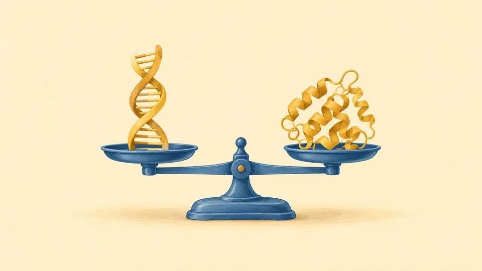 En gul DNA-streng og et gult protein balancerer på en blå vægt.