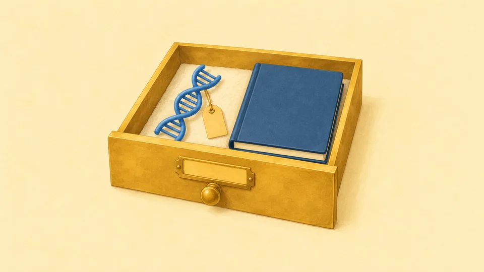 En åben trækasse med en blå bog og en blå DNA-streng med gul skilt.