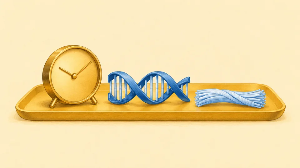 Et gult ur, en blå DNA-streng og en bundt blå tråde på en gul bakke.