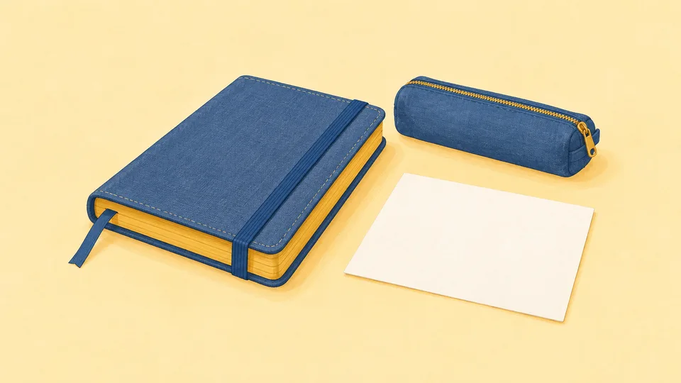 En blå notesbog med elastik, en blå etui og et hvidt papir på gul baggrund.